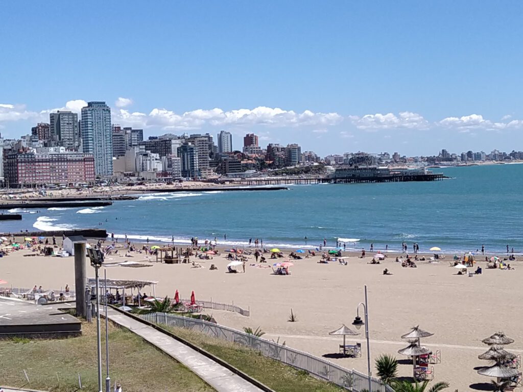 Mar del Plata Beach with bathers on the sand on a Summers day